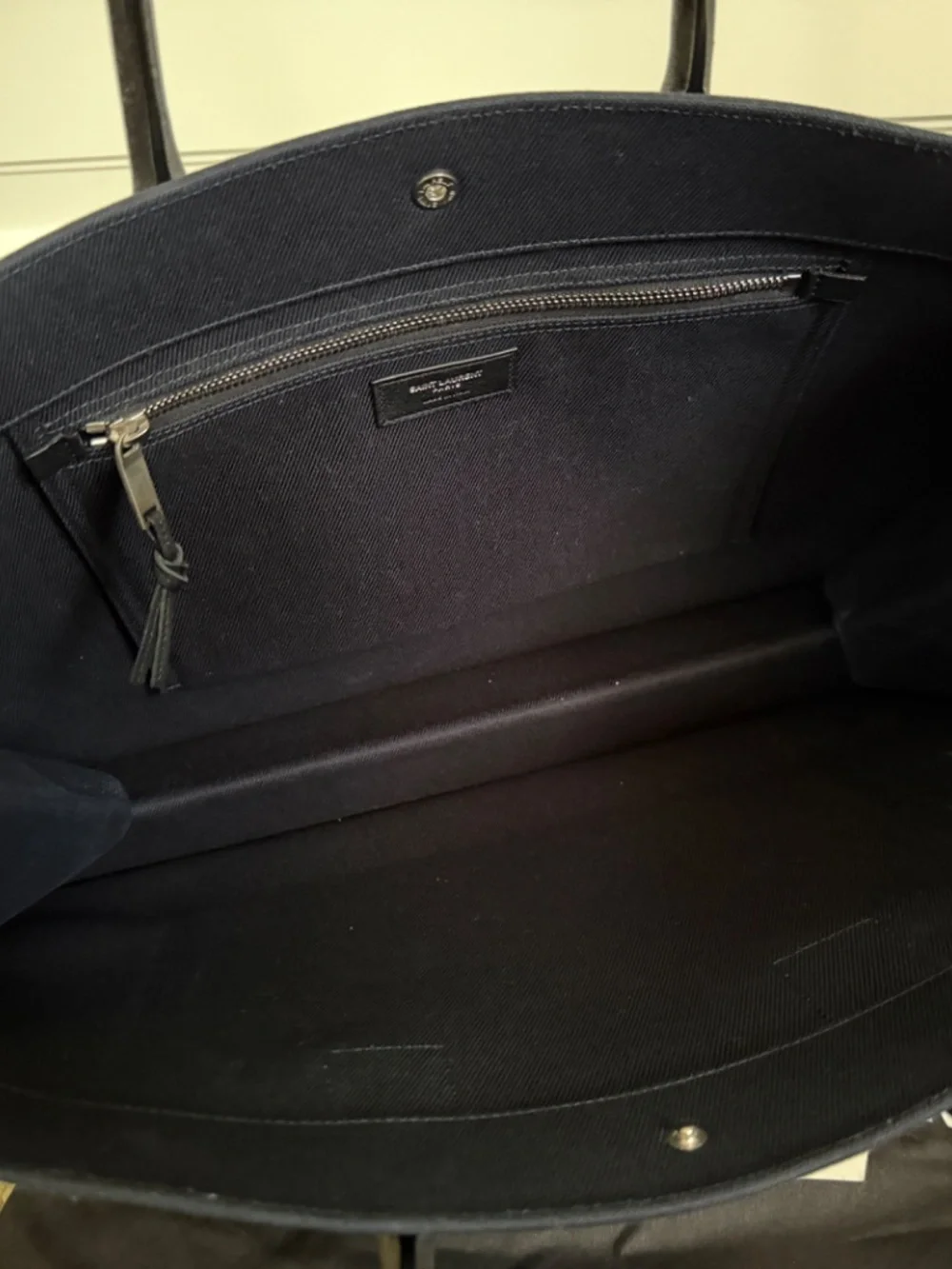Saint Laurent YSL Rive Gauche Navy Black Canvas Logo Leather Tote Bag